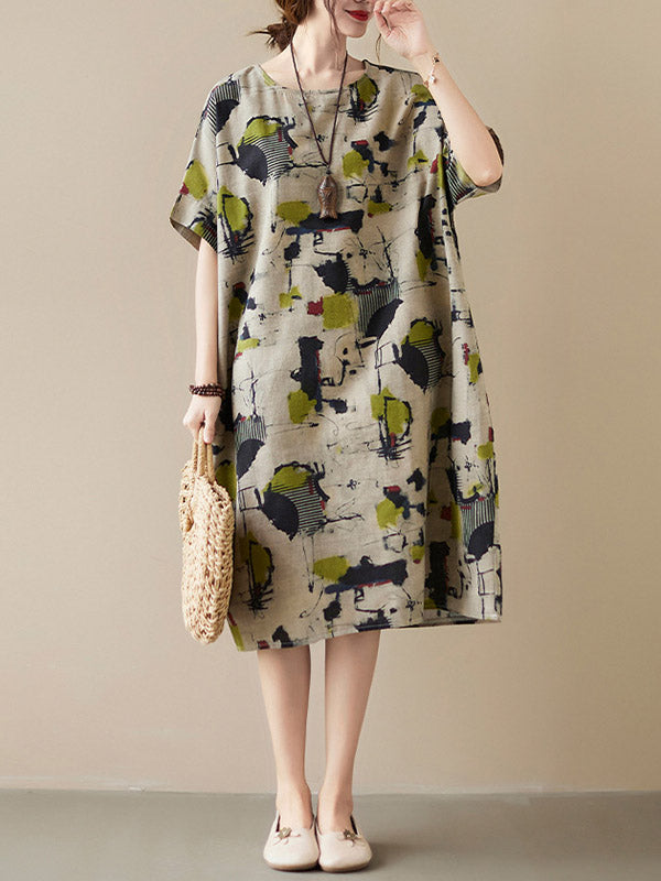 Artistic Retro Ramie Cotton Printed Round-Neck Half Sleeves Midi Dress