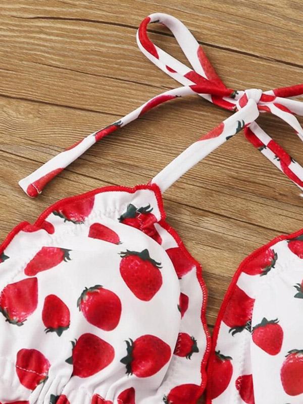 Strawberry Print Ruffled Triangle Split Bikini Swimsuit