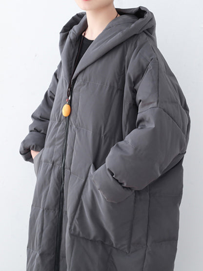 Simple White Duck Down Over Knee Solid Color Zipper Hooded Down Wear Coat