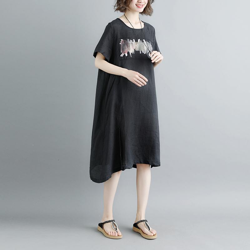 Casual Summer Short Sleeve Black Pockets Slit Dress