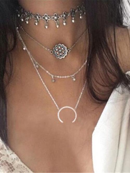 Vintage Hollow Flower Disc Multilayer Necklaces Accessories