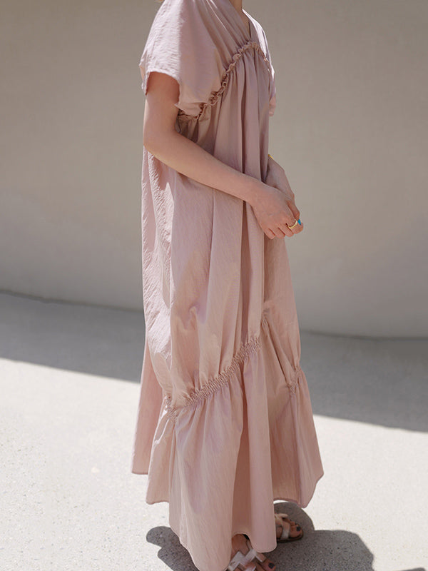 Casual Solid Color Falbala Pleated V-Neck Short Sleeves Maxi Dress