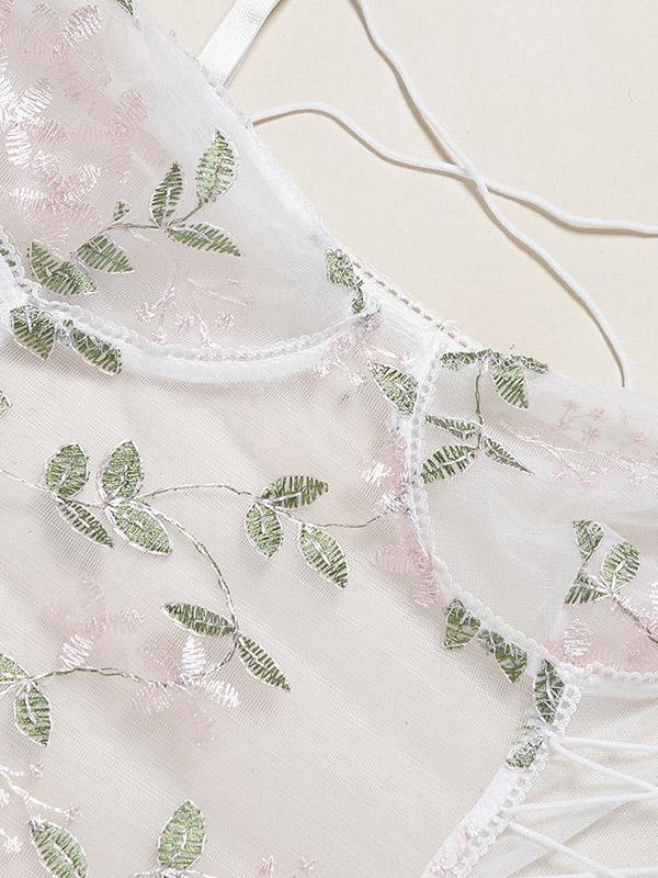 Sexy Bandage Embroidered Split-Joint Bodysuit Lingerie