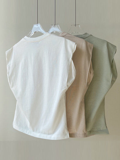 Simple Solid Color Round-Neck Cap-Sleeve Vest T-Shirt Tops