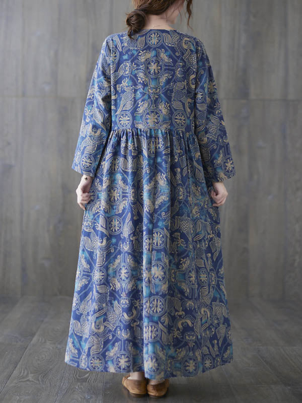 Vintage Ramie Cotton Floral Printed Round-Neck Long Sleeves Maxi Dress