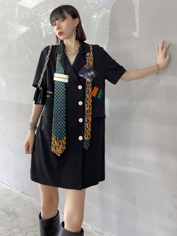 Stylish Buttoned Tie Split-Joint With Pocket Applique Notched Collar Short Sleeves Mini Shirt Dress