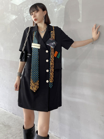 Stylish Buttoned Tie Split-Joint With Pocket Applique Notched Collar Short Sleeves Mini Shirt Dress