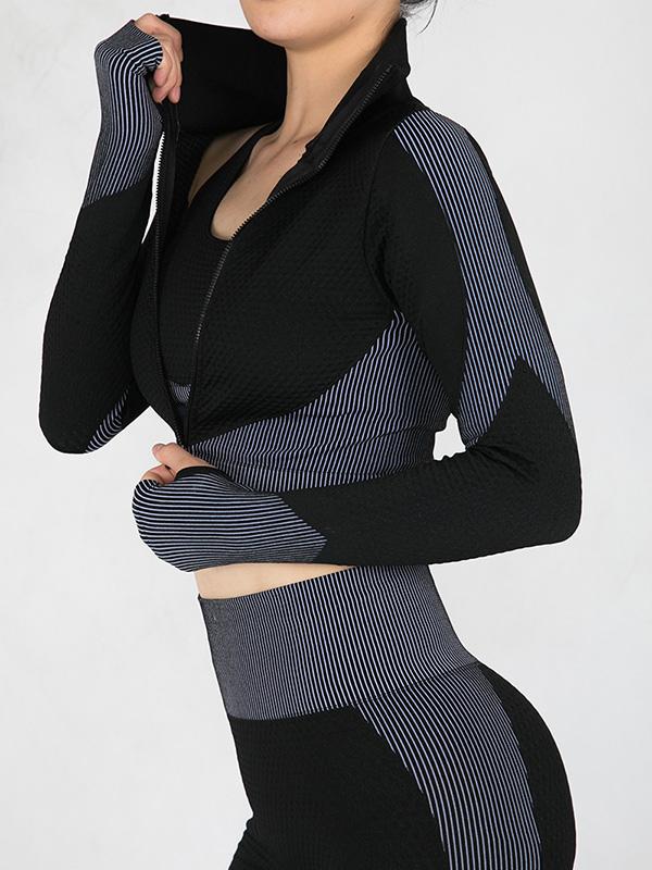 Contrast Color Zipper High-Waisted Three-Piece Sports Suits