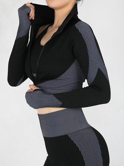 Contrast Color Zipper High-Waisted Three-Piece Sports Suits