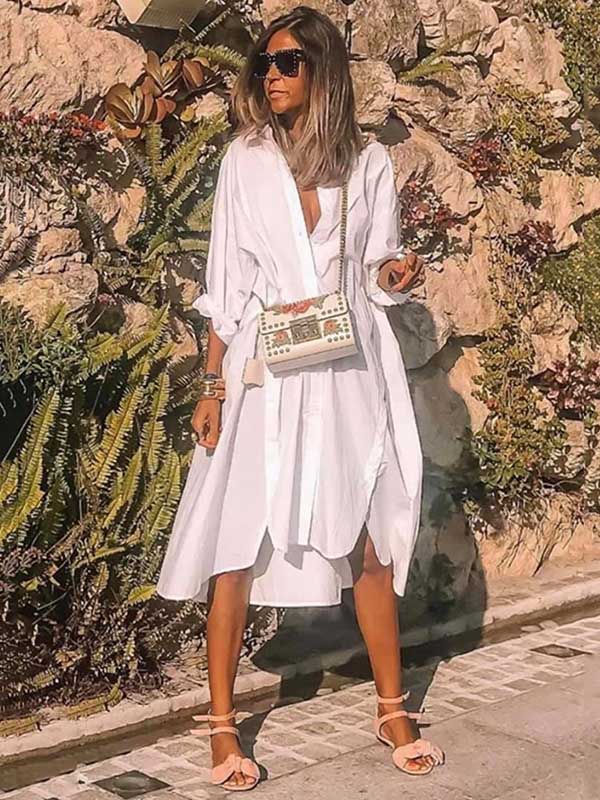 Urban Solid Color Split-Side Long Sleeves V-Neck Shirt Midi Dress