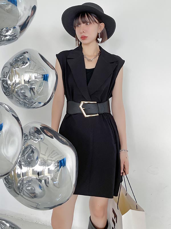 Urban Solid Color Split-Joint Notched Collar Sleeveless Mini Blazer Dress