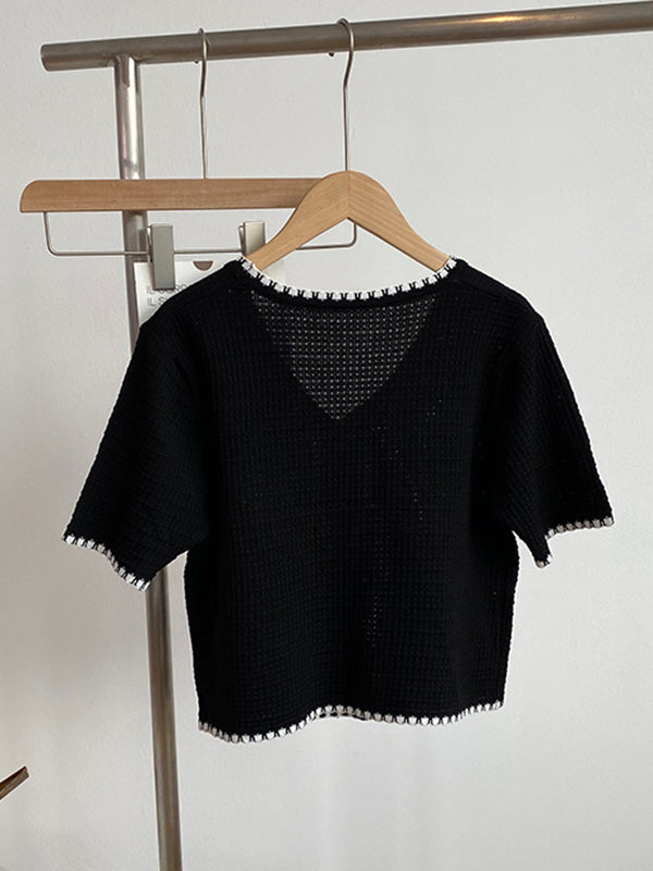 Casual Black&White V-Neck Short Sleeves Knitwear Cardigan