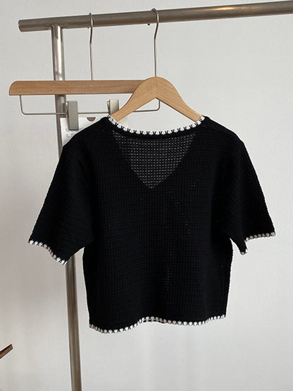 Casual Black&White V-Neck Short Sleeves Knitwear Cardigan