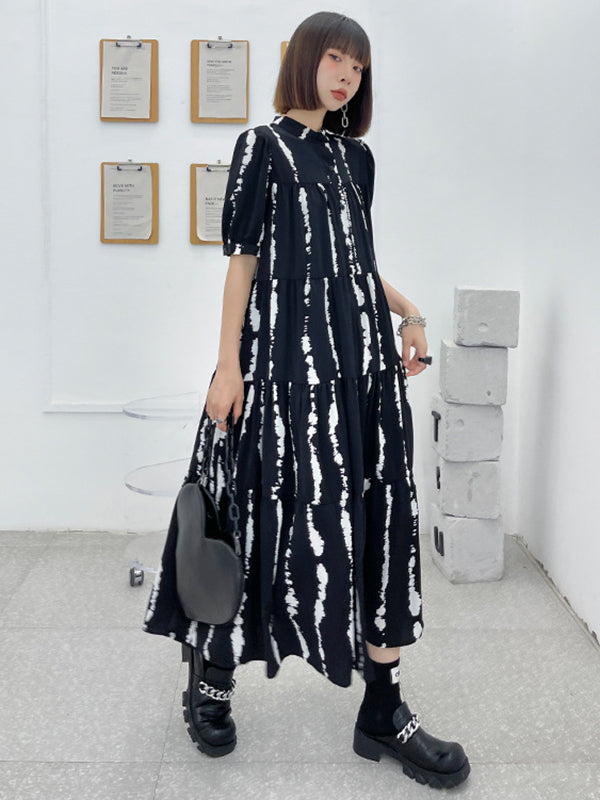 Vintage A-Line Printed Black Midi Dress
