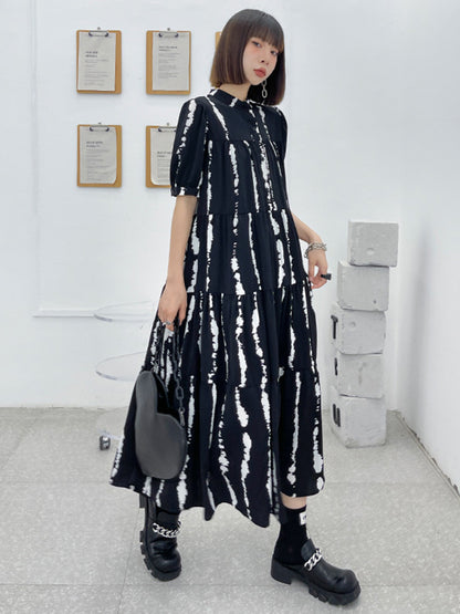 Vintage A-Line Printed Black Midi Dress
