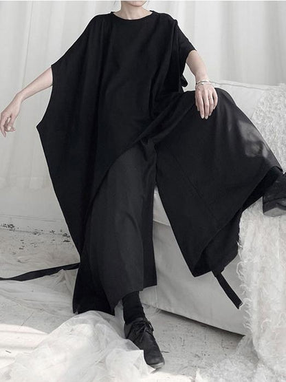 Black Loose Cropped Asymmetric T-shirt Tops