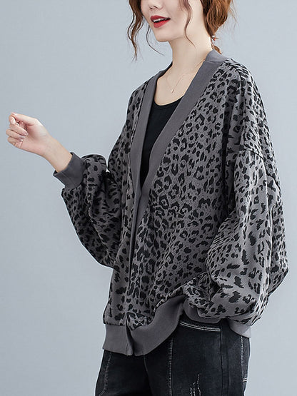 Original Leopard Buttoned V-Neck Long Sleeves Outwear