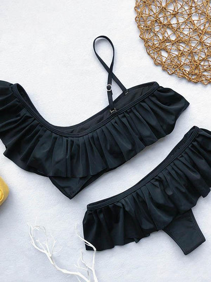 Ruffle Plain Strappy Bikini Swimsuit