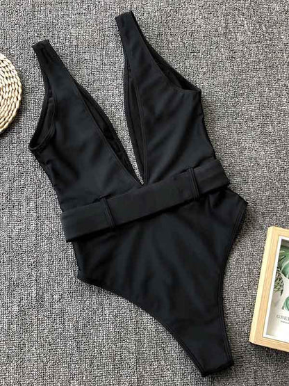 Belt Buckle Plain One Piece Swimsuit