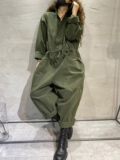 Fashion Long Sleeves Lapel Solid Color Jumpsuits