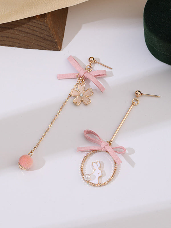 Cute Flower Rabbit Shape Bow-Embellished Asymmetric Earrings