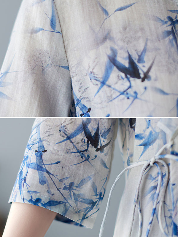 Artistic Retro Loose Floral Printed Tied V-Neck Midi Dress