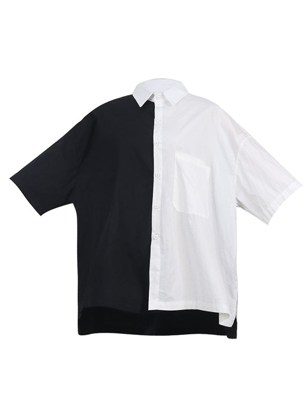 Original Contrast Color Split-Joint With Pocket Buttoned Lapel Color Long Sleeves Blouse