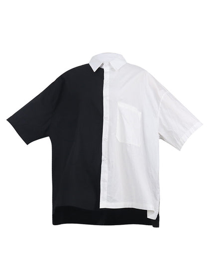 Original Contrast Color Split-Joint With Pocket Buttoned Lapel Color Long Sleeves Blouse