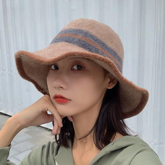Buykud Colorblock Striped Warm Foldable Bucket Hat