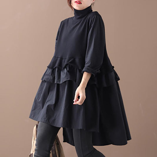 Buykud Turtleneck Pure Color Casual Loose Ruffle Dress