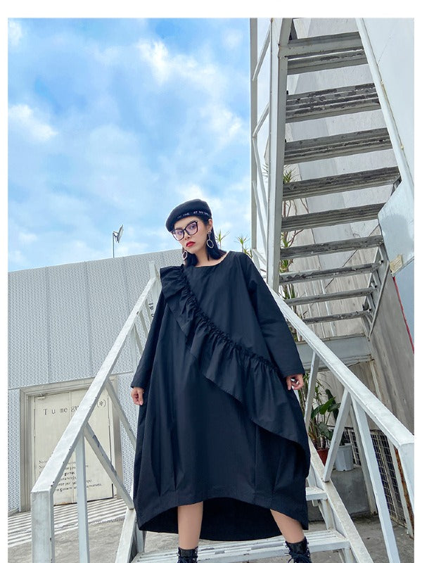 LOOSE BLACK FALBALA HIGH-LOW DRESS
