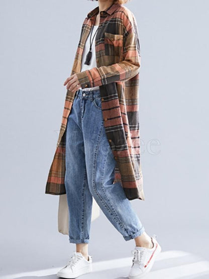 Loose Lapel Plaid Retro Shirt