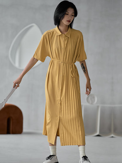 Stylish Split-Joint Pleated Belted Lapel A-Line Short Sleeves Midi Dress
