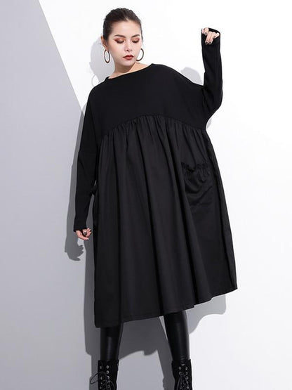 Loose Black Split-joint Long Sleeves Dress