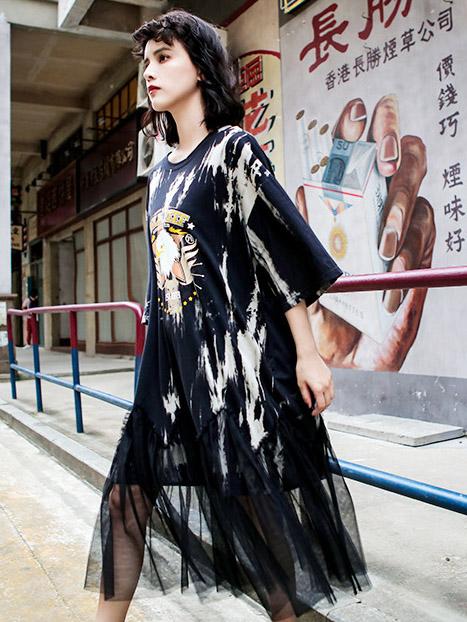 Mesh Split-joint Loose Printed Dress