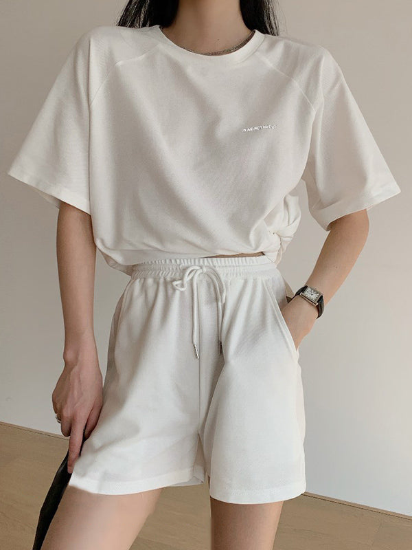 Casual Drawstring Elasticity Waist Solid Wide-Leg Shorts