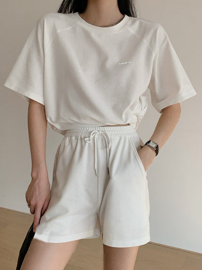 Casual Drawstring Elasticity Waist Solid Wide-Leg Shorts