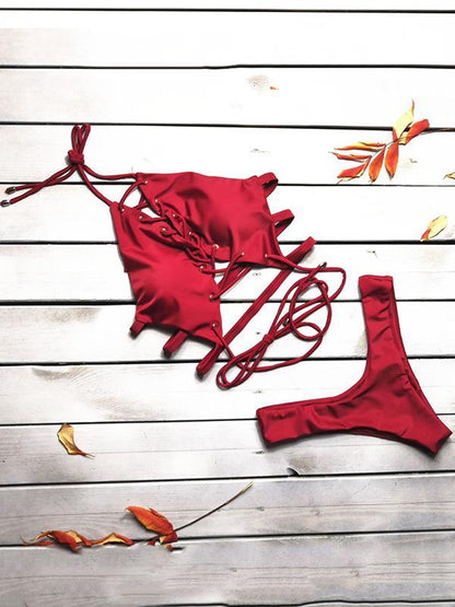 Sexy Lace Up Solid Bikinis Swimwear