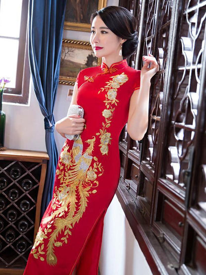 Red Embroidery Phoenix Long Cheongsam Dress
