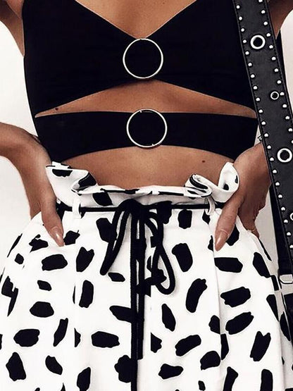 Polka Dot Pleated High waist Lace-up Casual Pants