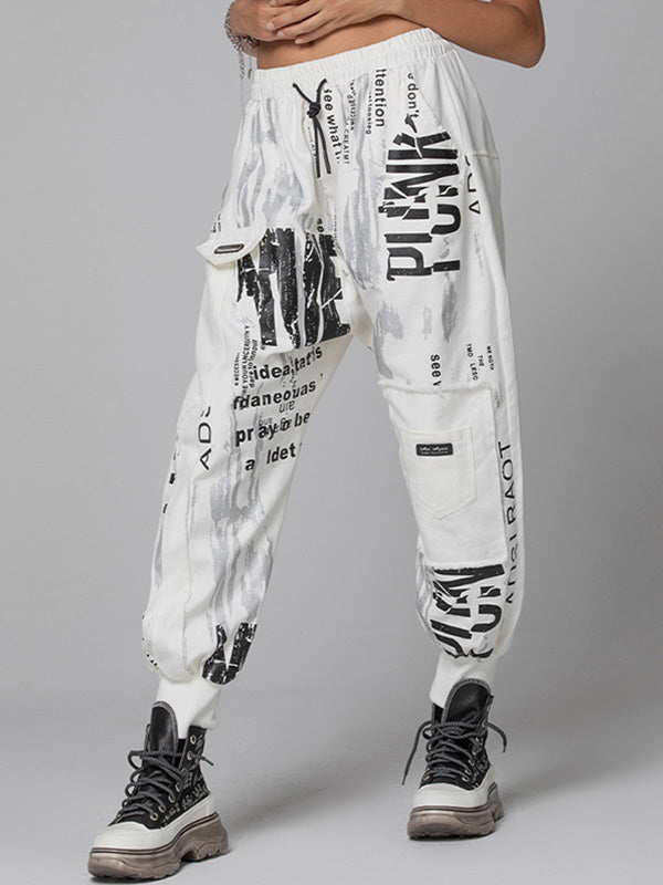 Urban Drawstring High-Waisted Black White Casual Harem Pants Bottom