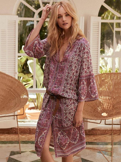 Printed V-nek Loose Hollow  Midi Dress
