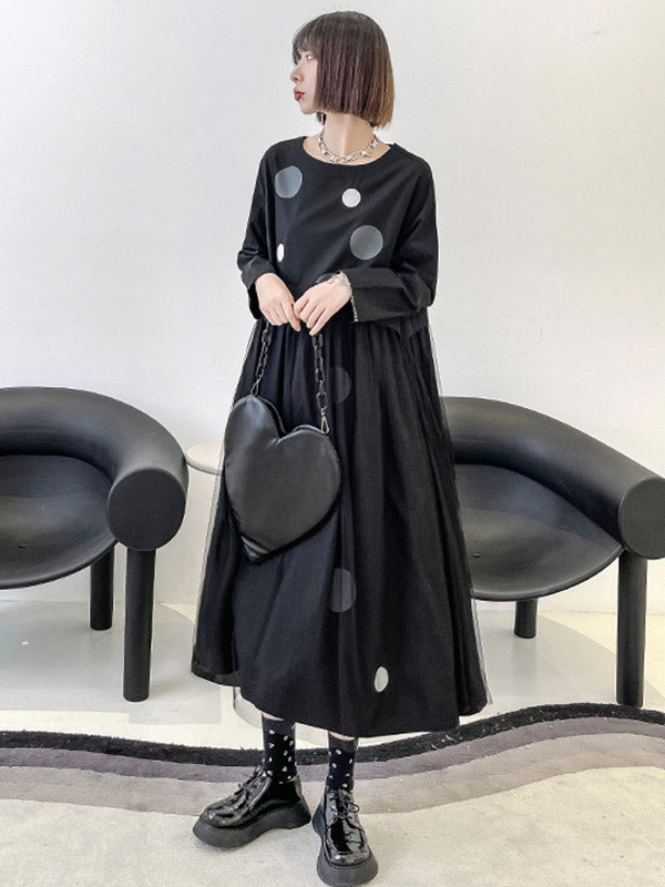 Stylish Split-Joint Pleated Polka-Dot Round-Neck Long Sleeves Midi Dress
