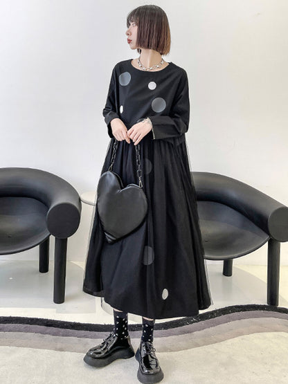 Stylish Split-Joint Pleated Polka-Dot Round-Neck Long Sleeves Midi Dress