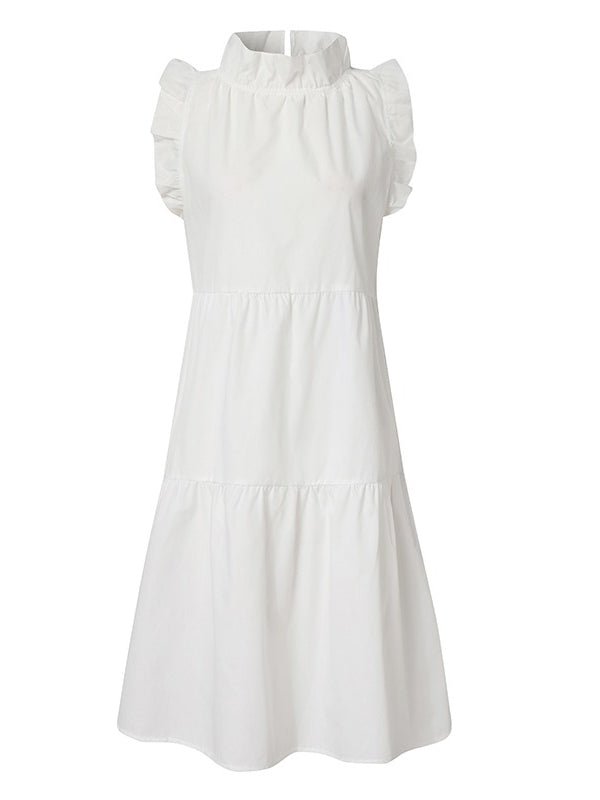Stylish Solid Color Falbala Sleeveless Stand Collar Midi Dress