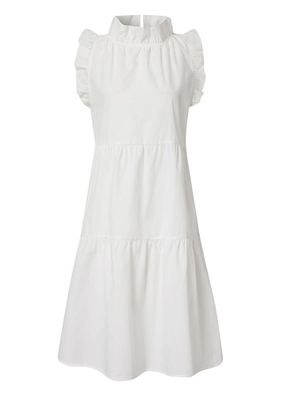 Stylish Solid Color Falbala Sleeveless Stand Collar Midi Dress