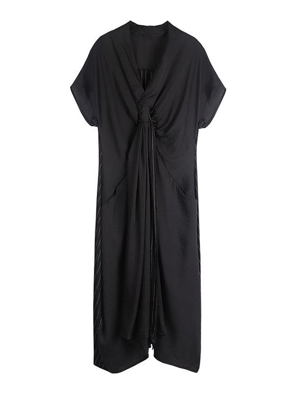 Casual Loose Solid Color Pleated Tied V-Neck Short Sleeves Midi Dress