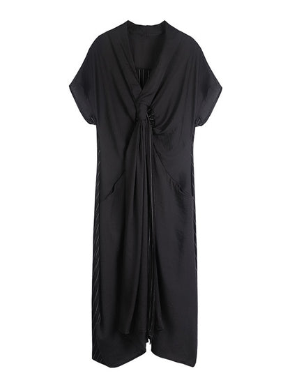 Casual Loose Solid Color Pleated Tied V-Neck Short Sleeves Midi Dress