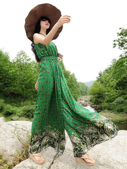 Elegant Floral-Print Slim Fit Stripes Off-Shoulder Lace-Up Maxi Dress