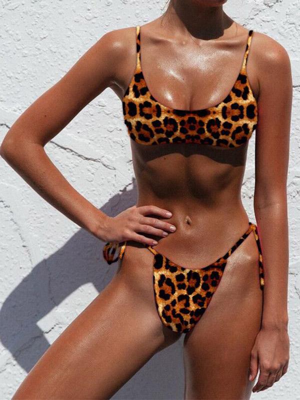 Sexy Lace Up Leopard Bikini Swimsuit